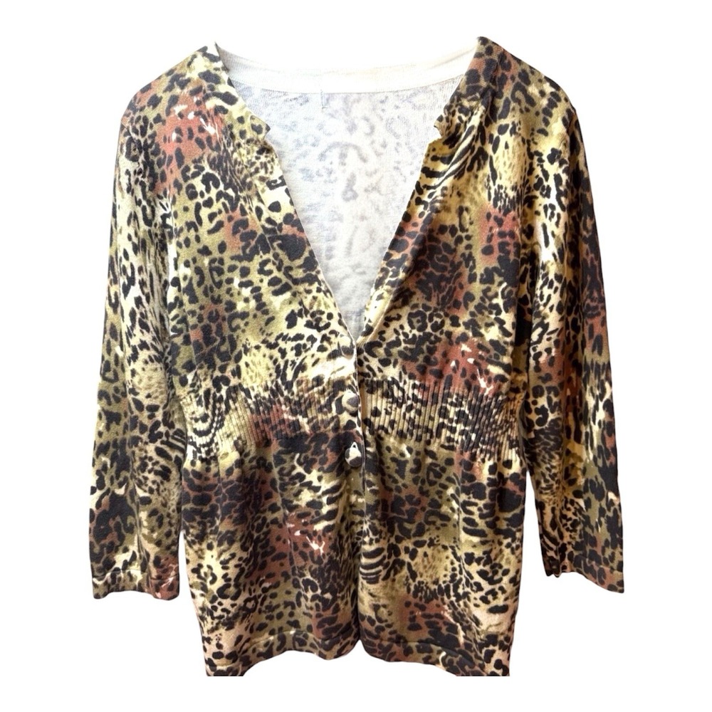DressBarn Women’s Size Large Vintage Leopard Animal Print Blouse Deep V-Neck